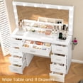 thumbnail image 2 of TEENFON 46" Vanity Desk with Large Lighted Mirror and Power Outlet, Makeup Vanity with 9 Drawers and Glass Desktop, Vanity Table for Bedroom, White, 2 of 8