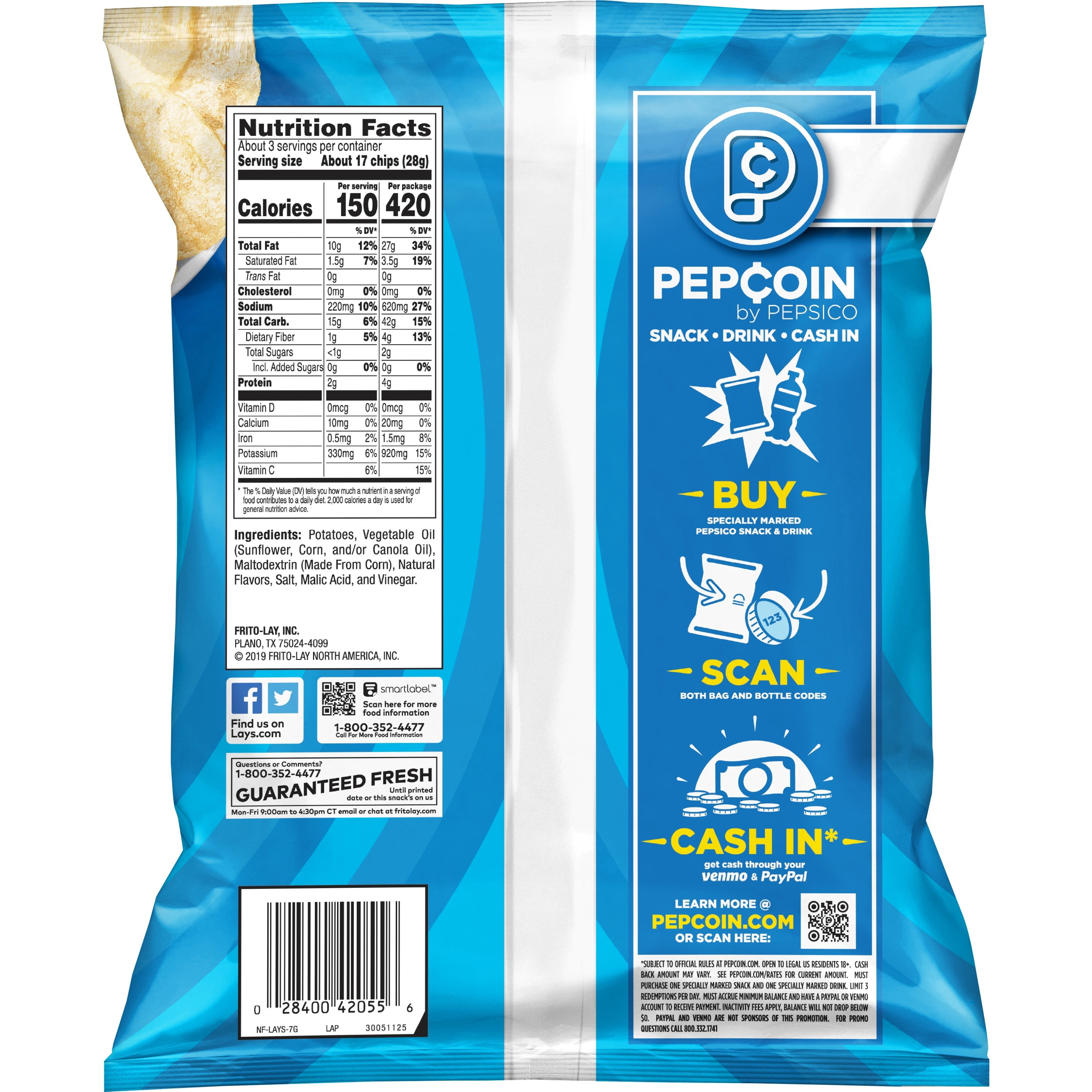 Lay's Potato Chips, Salt & Vinegar Flavor, 2.75 oz Bag