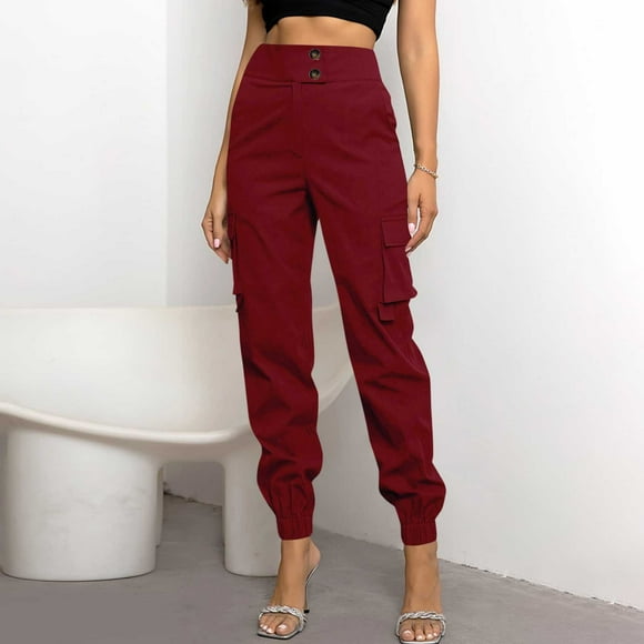 LOVZFMLL Women's Pants, Fashion Solid Color Button & Zipper Pocket Trousers Red, M