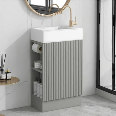 MIDOQIN Bathroom Vanity with Sink, 18.6" Freestanding Bathroom Vanity Cabinet with Toilet Paper Holder & 1 Door