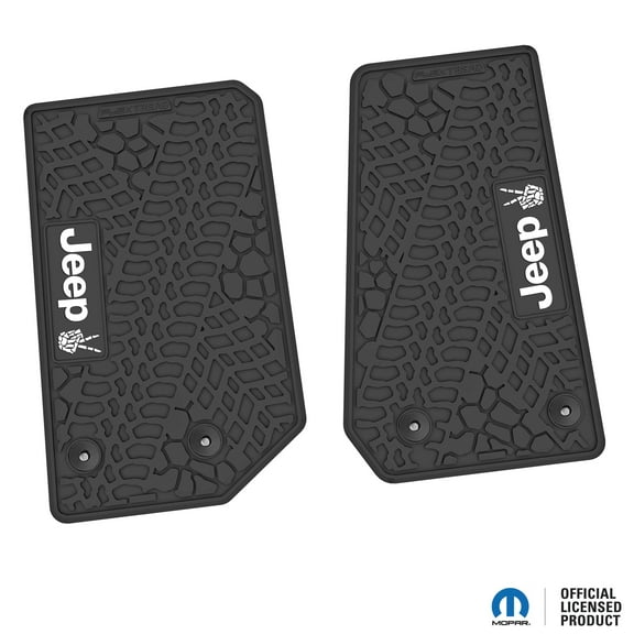 Flextread Floor Mats for 14-18 Jeep Wrangler JK 2-Door - Mopar Licensed Factory Fit - Black w/ White Jeep Peace Sign Insert - 100% Made in USA