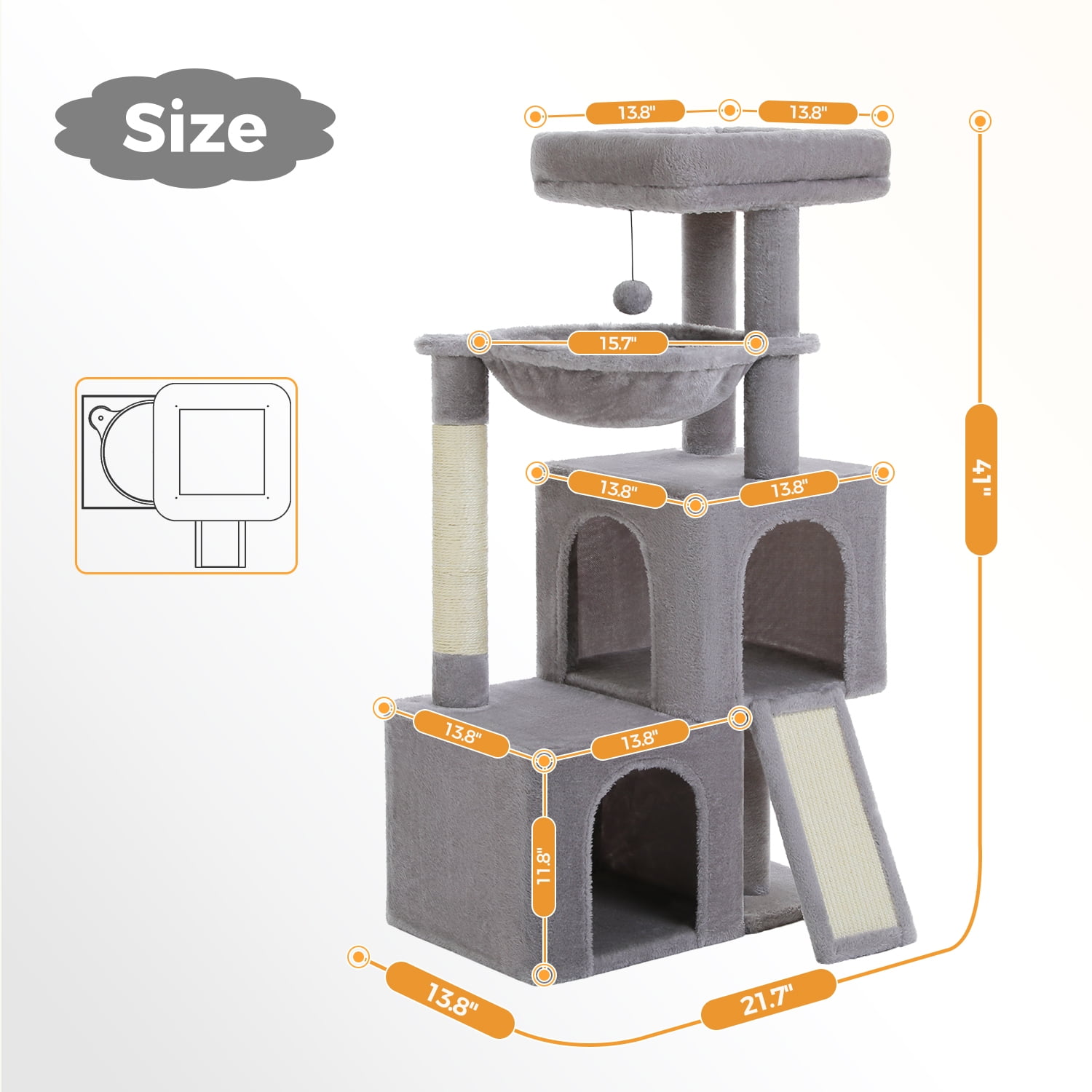 Pefilos 41" Multi-Level Cat Tree Tower with 2 Condos for Indoor Cats, Cat House with Hammock, Padded Perch, Scratching Pad, Gray