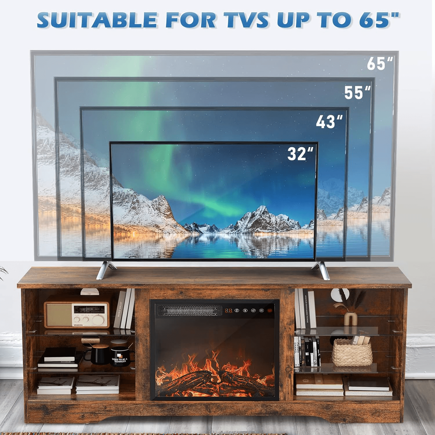 Waleaf Fireplace TV Stand with 18'' Fireplace for TVs up to 65 inch, Two Adjustable Glass Shelves