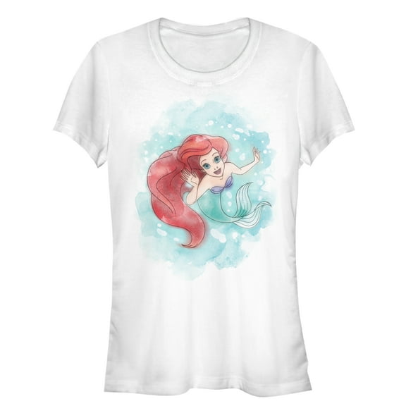 Junior's The Little Mermaid Ariel Watercolor Print Graphic Tee White Medium