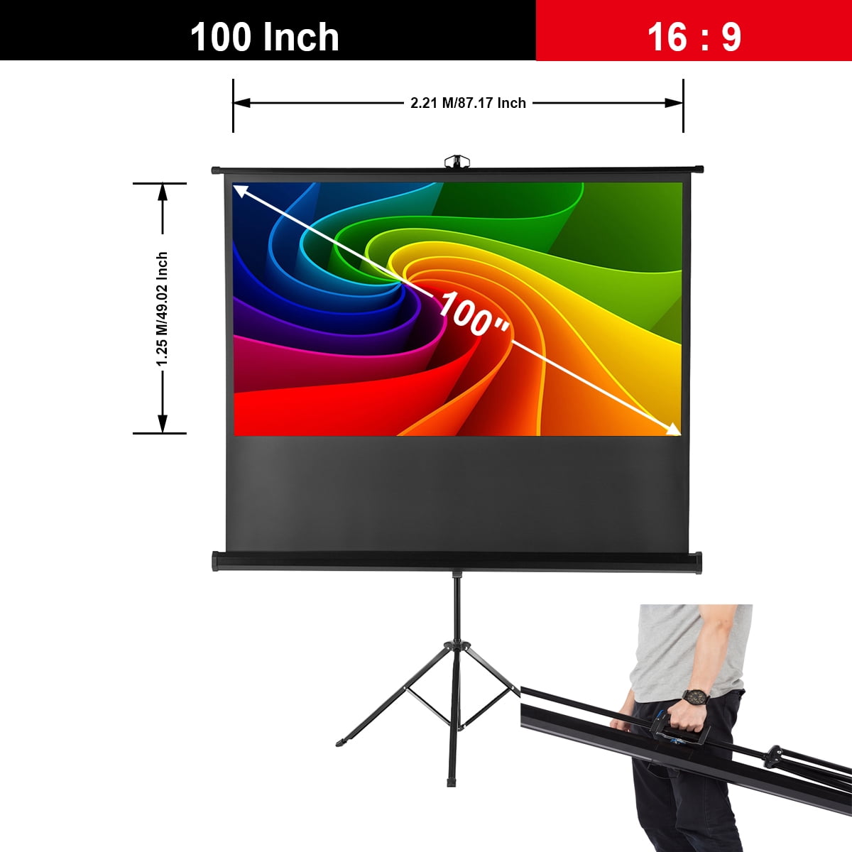 Excelvan 100 Diagonal 16 9 Aspect Ratio 1 1 Gain Portable Pull Up Projector Screen For Hd