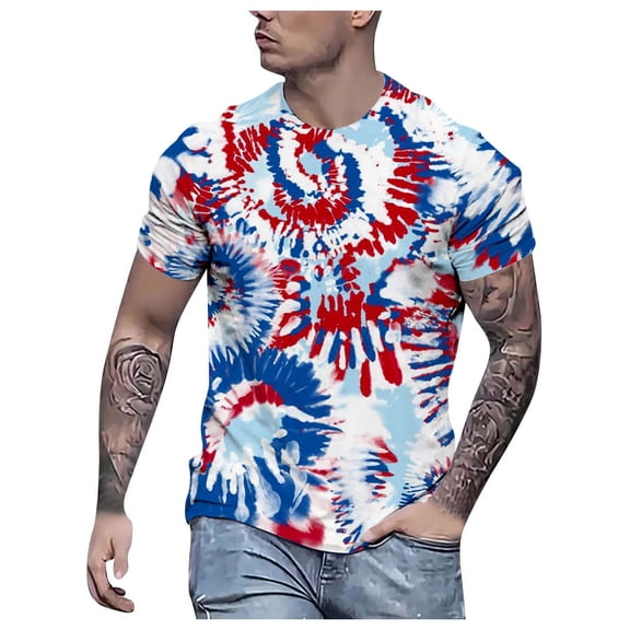 FUZHIQ Men's Patriotic Red Blue White Tie Dye T-Shirt Casual Short Sleeve Crew Neck Tee Summer Lightweight Soft Tops Daily Vacation Streetwear Tees for Men,L