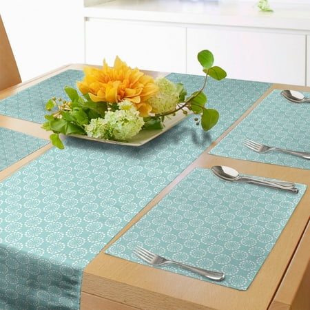 

Aqua Table Runner & Placemats Sun Flower with Dots Geometric Vintage Hippie Round Art Image Set for Dining Table Decor Placemat 4 pcs + Runner 14 x90 Seafoam and White by Ambesonne