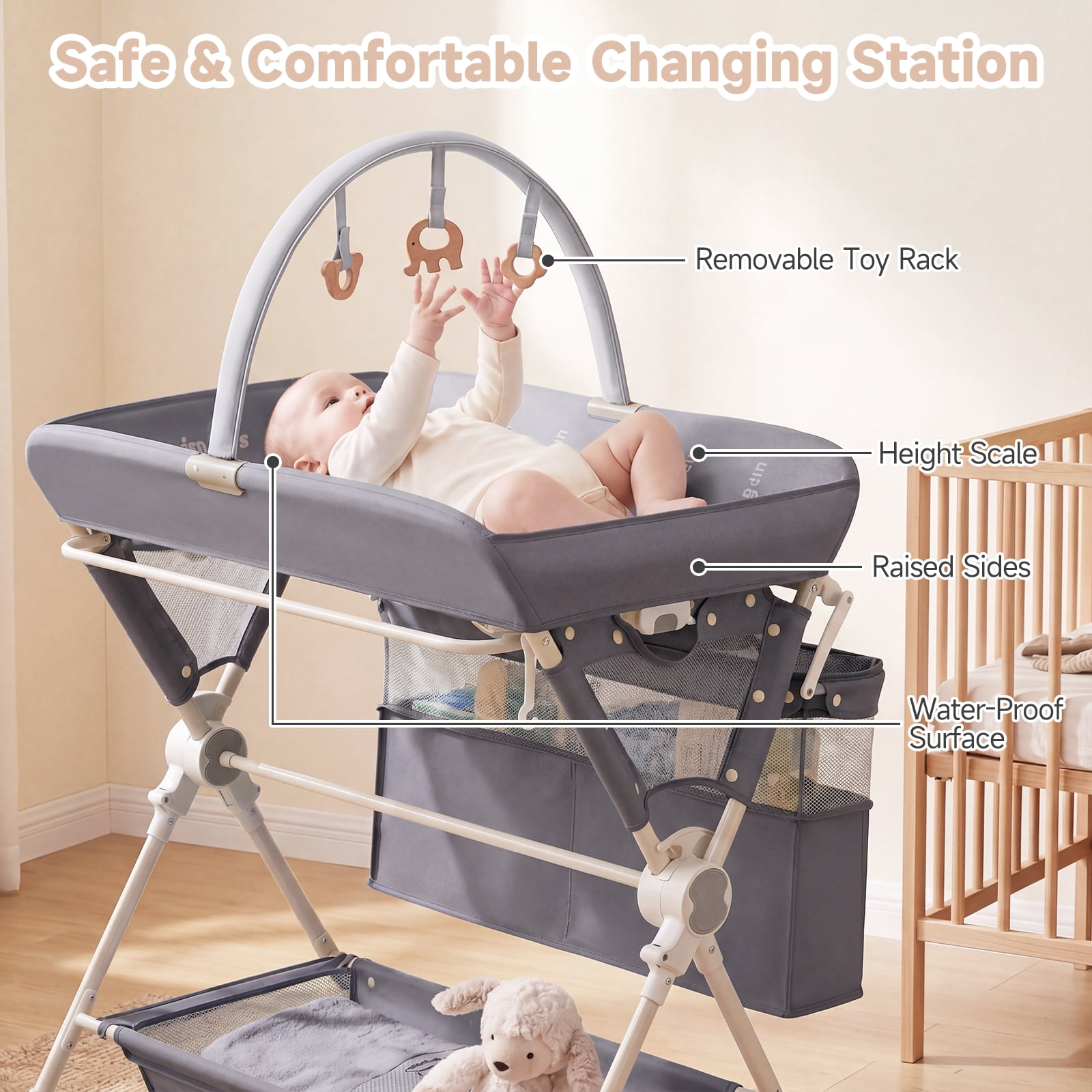 INFANS Portable Baby Changing Table with Wheels, Foldable Diaper Changing Station with Adjustable Heights, Large Organizer Storage for Newborn Infant