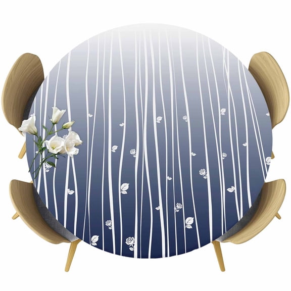 Blue Floral Round Tablecloth, Fitted Table Cover with Elastic for 45"-54" Round Tables, Gradient Stripe Garden Plant Branch Texture Table Cloth Outdoor Indoor Dinning Party Waterproof Tablecloths