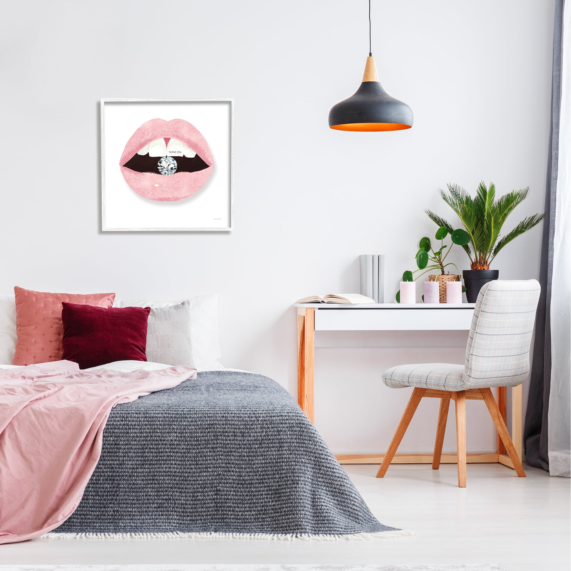Stupell Industries Shine On Glam Lips Biting Shimmering Diamond Graphic Art White Framed Art Print Wall Art, Design by Mercedes Lopez Charro
