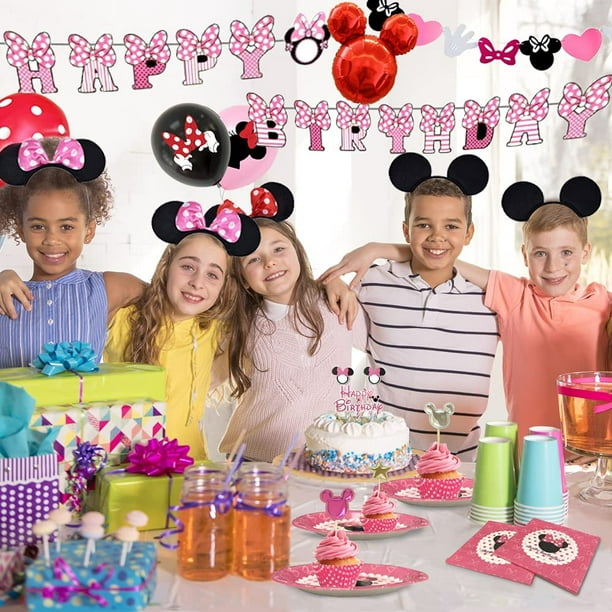 Décorations de fête d'anniversaire Disney Minnie Mouse pour les femmes  filles, faveurs et fournitures de fête à thème de dessin animé, comprend  des ballons, une bannière, des gâteaux
