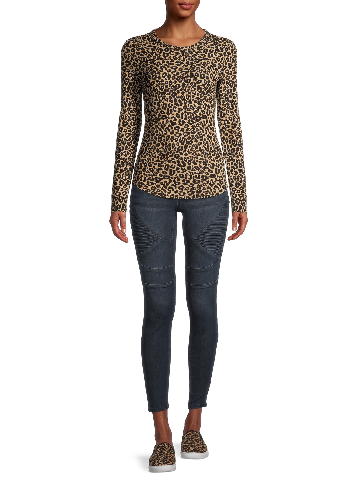 No Boundaries Ribbed Crewneck Tee with Long Sleeves, Women's
