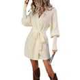 thumbnail image 2 of KOMOO Women Knitted Coat Wrap Dress Fall Spring Long Sleeve V Neck Short Dress with Waistband Casual Sweater Tunic Dress, 2 of 8