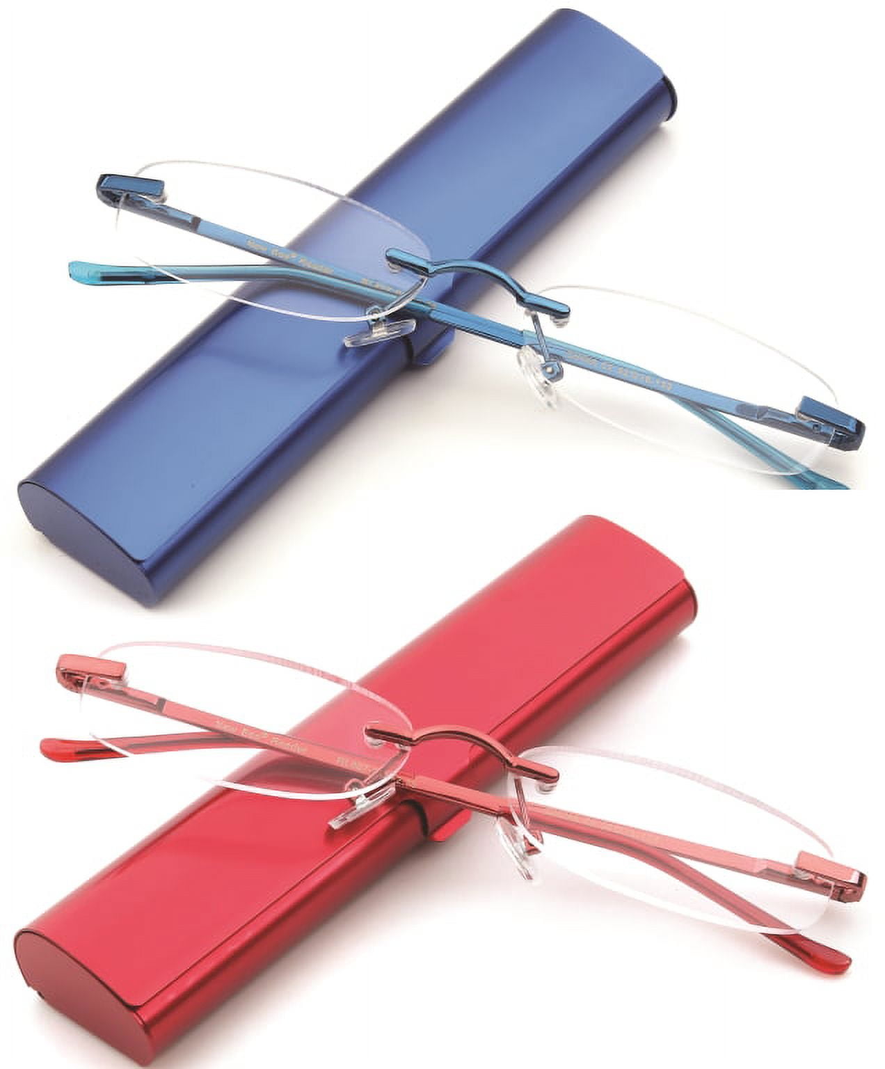 Newbee Fashion-Portable Compact Reading Glasses in Aluminum Case Metal Rectangle Rimless Reading Glasses Super Lightweight Reader Slim Design Comfort Fit 2 Pack Blue & Red 1.00