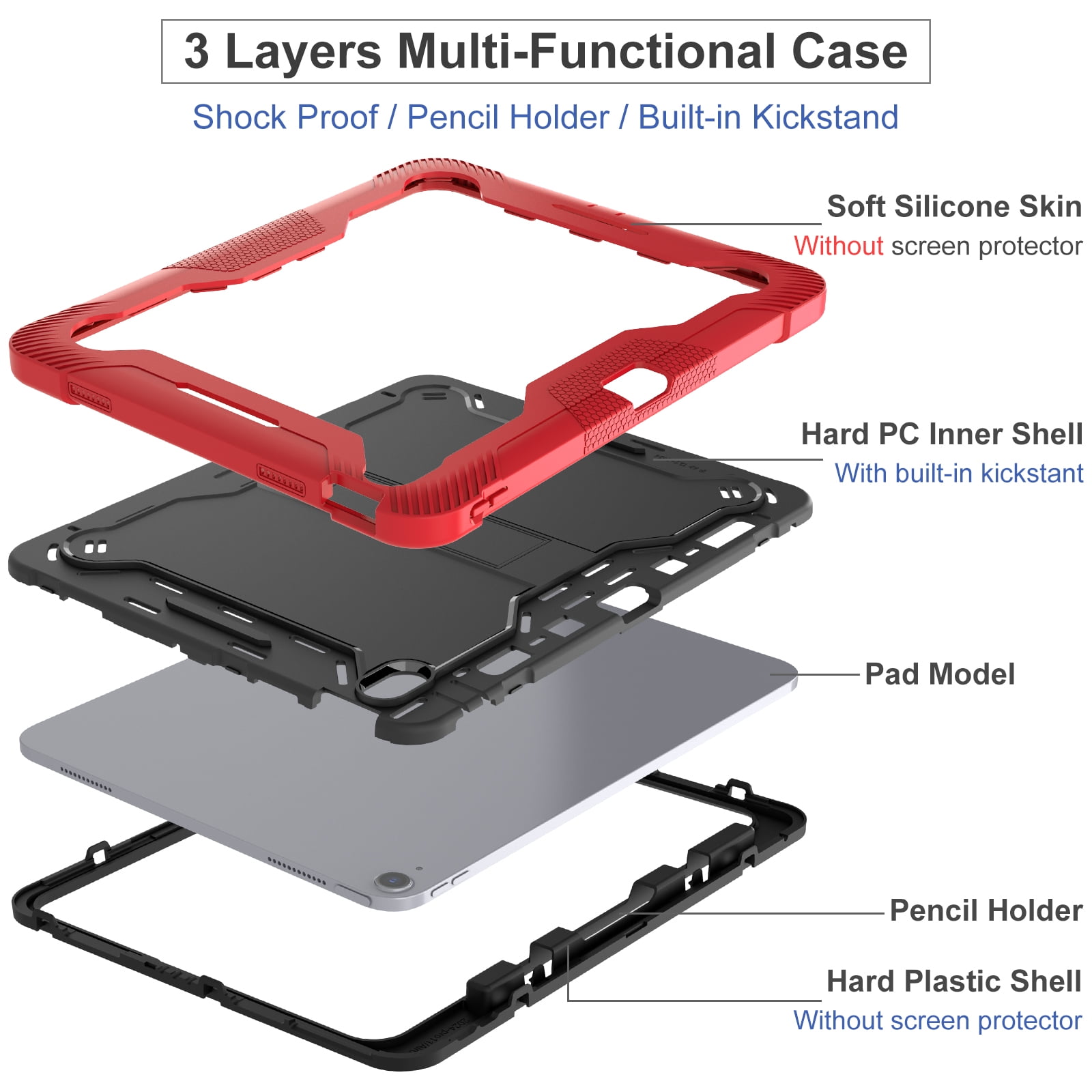 Dteck Case for iPad Air 13-inch (M2) 2024, iPad Air 13 Inch Case with Kickstand and Pencil Holder, Heavy Duty Shockproof Protective Cover for Kids,Red