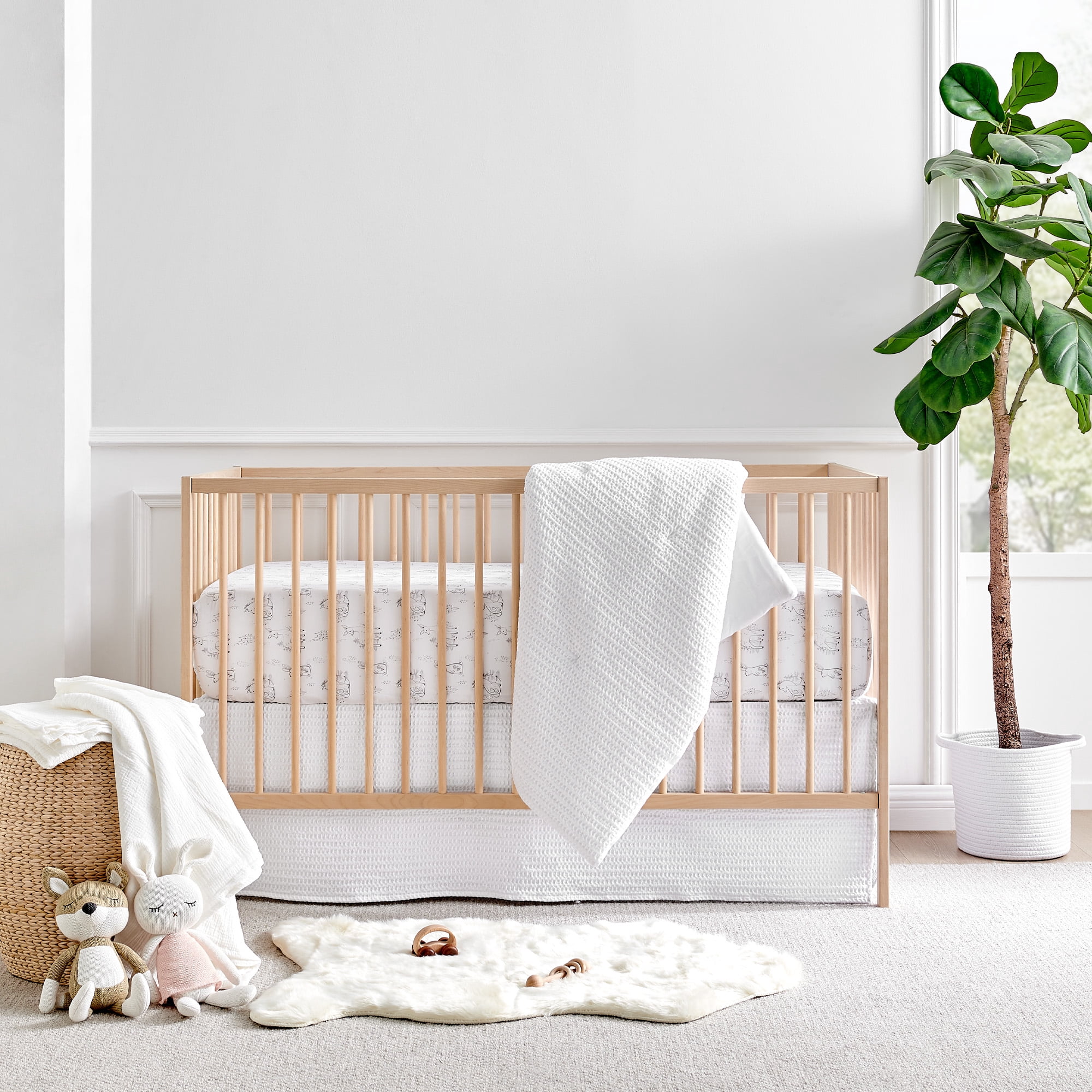 Levtex Baby - Mills Waffle Crib Bed Set - Baby Nursery Set - White - White Textured Waffle - 4 Piece Set Includes Quilt, Fitted Sheet, Dust Ruffle and Rope Basket