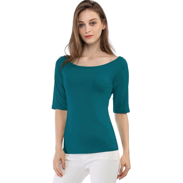 Camiseta Suave De Media Manga Con Cuello Redondo Entallado Para Mujer Allegra K Azul Verde M