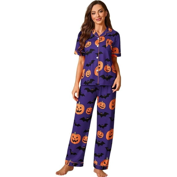 NIETEIN Halloween Pajama Set for Women - Long Sleeve Button Down Sleepwear Pumpkin Bat Purple (XL)