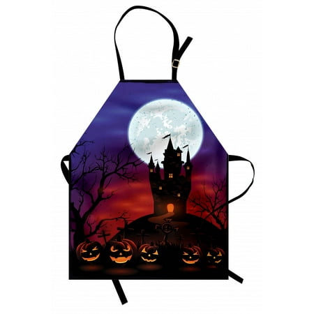 

Halloween Apron Gothic Haunted House Castle Hill Valley Night Sky October Festival Theme Print Unisex Kitchen Bib Apron with Adjustable Neck for Cooking Baking Gardening Multicolor by Ambesonne