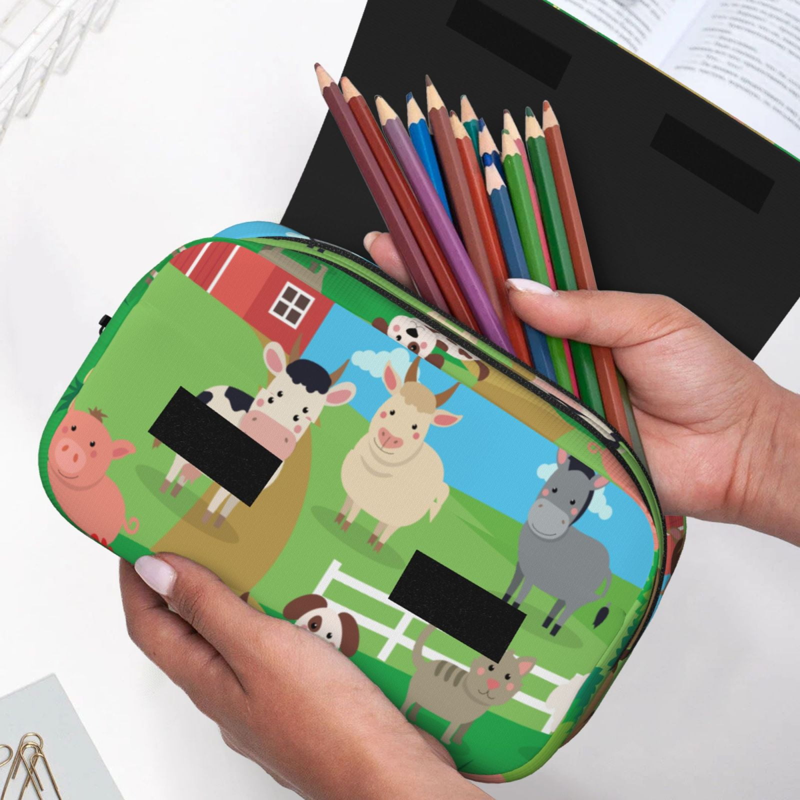 Rateoe Farm Animals Pattern Double Clamshell Pen Case, Storage Organizer with Two Zipper Compartments– Holds Up to 50 Pencils & Pens