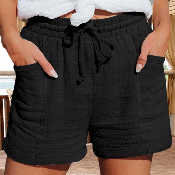 Duoif Womens Shorts Drawstring Dressy Casual Elastic Waist Trendy Summer Athletic Comfy Ladies Linen Shorts for Women Shorts with Pockets, Black, L