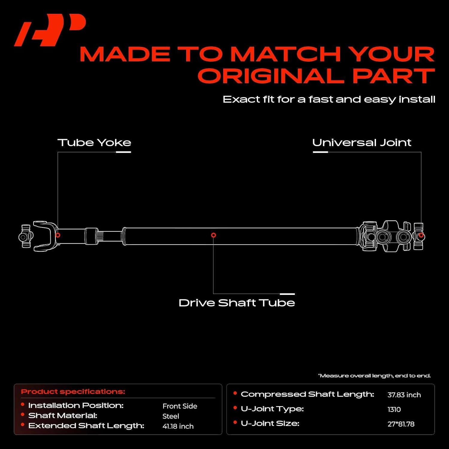 A-Premium Front Complete Drive Shaft Prop Shaft Driveshaft Assembly Compatible with Jeep TJ, Wrangler 1998-2002 4.0L 2.5L, 4WD Automatic Transmission, Replace# 52098378