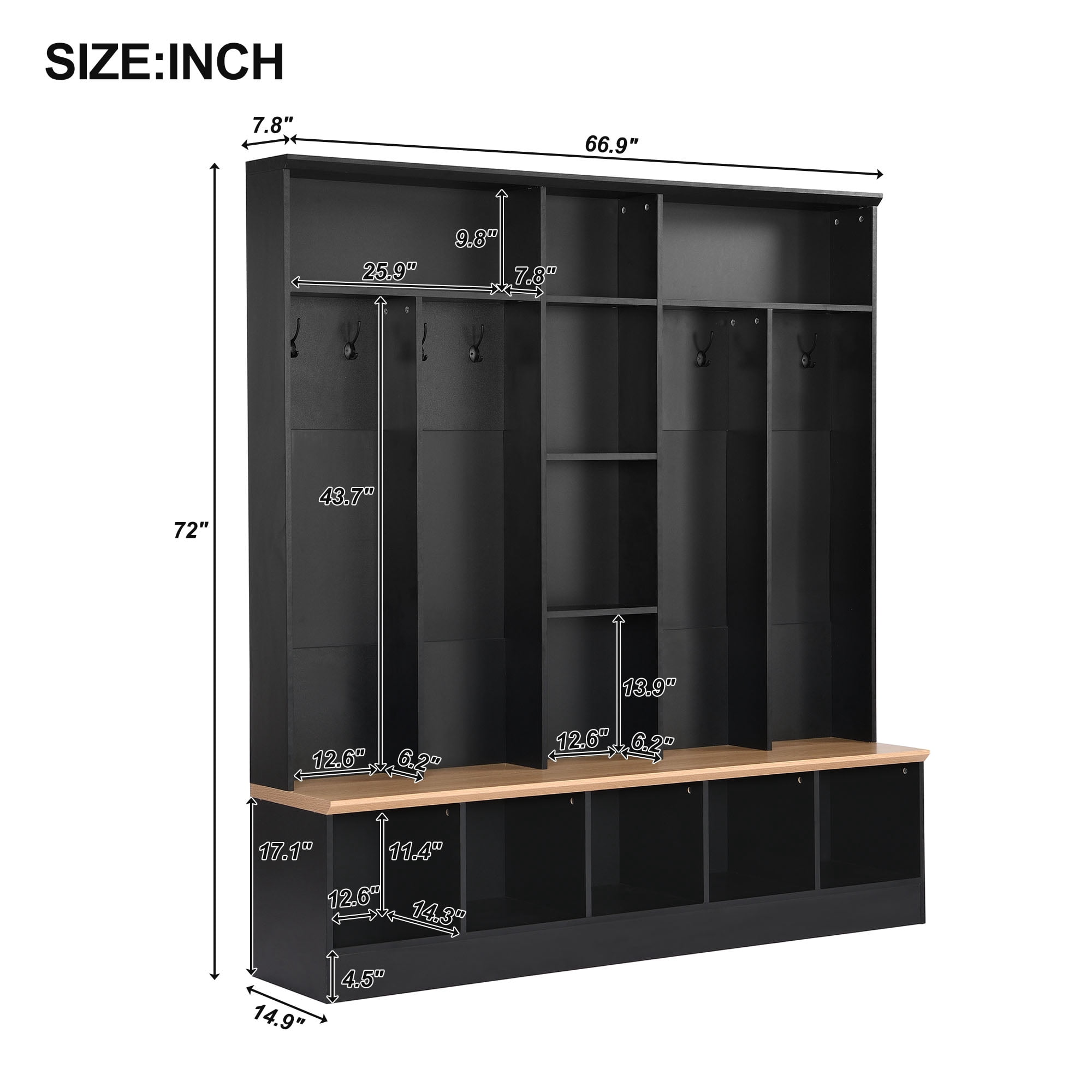 Euroco Wide Design Hall Tree with Storage Bench, Minimalist Shoe Cabinet with Cube Storage & Shelves, Multifunctional Coat Rack with 8 Hooks for Entryways, Mudroom