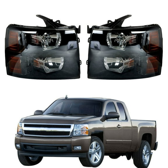 SEBLAFF GM2502280 GM2503280 Halogen Headlights Assembly Pair Left Right Replacement for 2007-2013 Silverado 1500 2500 3500 Black Housing Smoke Lens