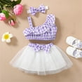 thumbnail image 2 of Einccm Girls Summer Plaid Top and Gauze Skirt 2 Piece Outfit Sleeveless Ruffle One Shoulder Bow Decor Elastic Waist Tulle Skirt Set Casual Party Holiday Clothes for Toddler Girls Kids 2-8 Years, 2 of 5