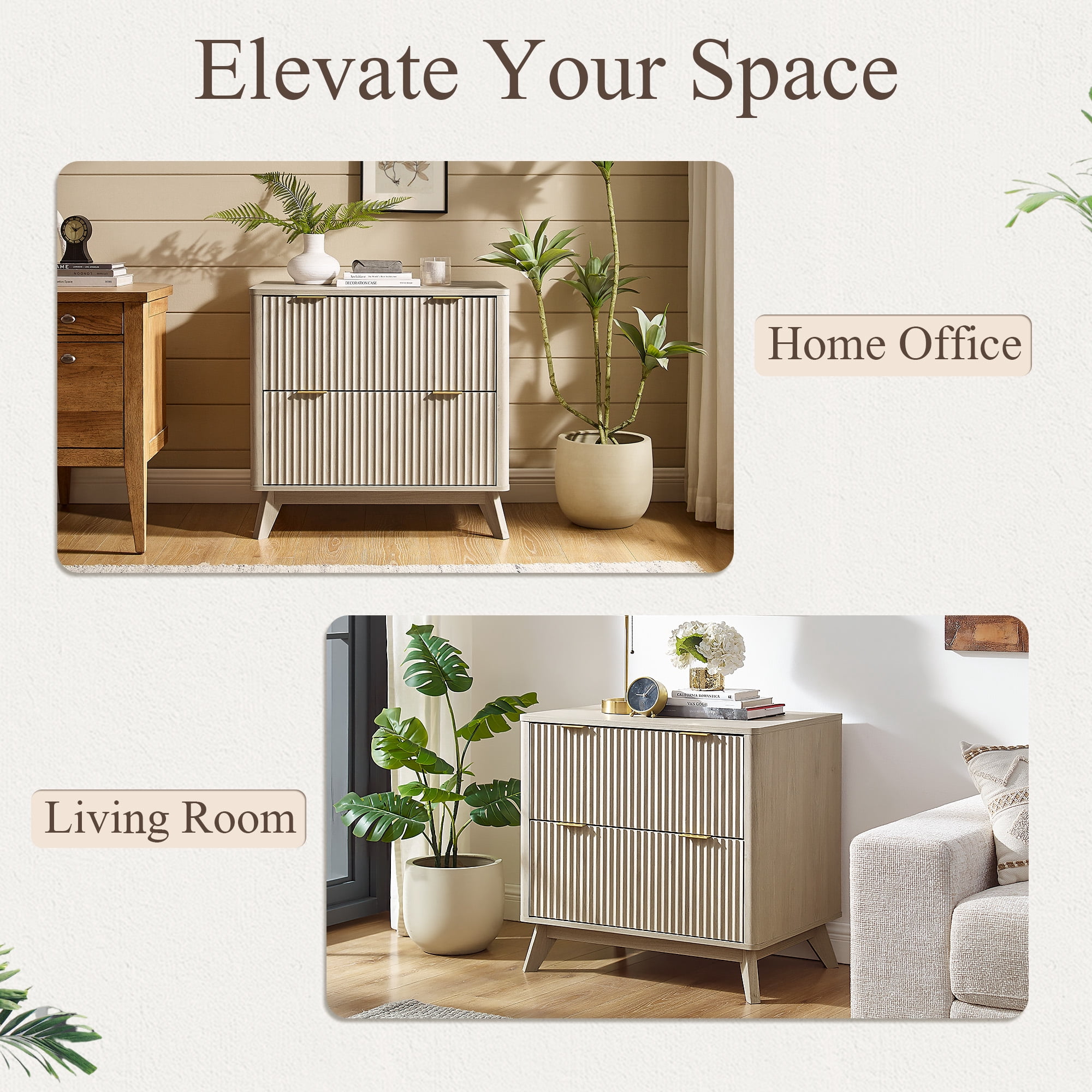 Keywhat Lateral File Cabinets with 2 Drawers, Modern Large Filing Organization with Fluted Texture Design for Letter/Legal/A4 Size Files, Home Office, White Alder