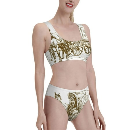 Uemuo Western Scenery With Old Wagon Printed Women s High Waisted Bikini Sets Sporty Two Piece Swimsuits Color Block Cheeky High Cut Bathing Suits-X-Large