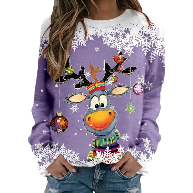 WEAIXIMIUNG Chandail en Molleton pour Femmes avec Fermeture Éclair Chandails de Noël pour Femmes Mode Adolescentes Manches Longues Col Rond Chandail en Molleton Mignon Renne Graphique Xmas (1)