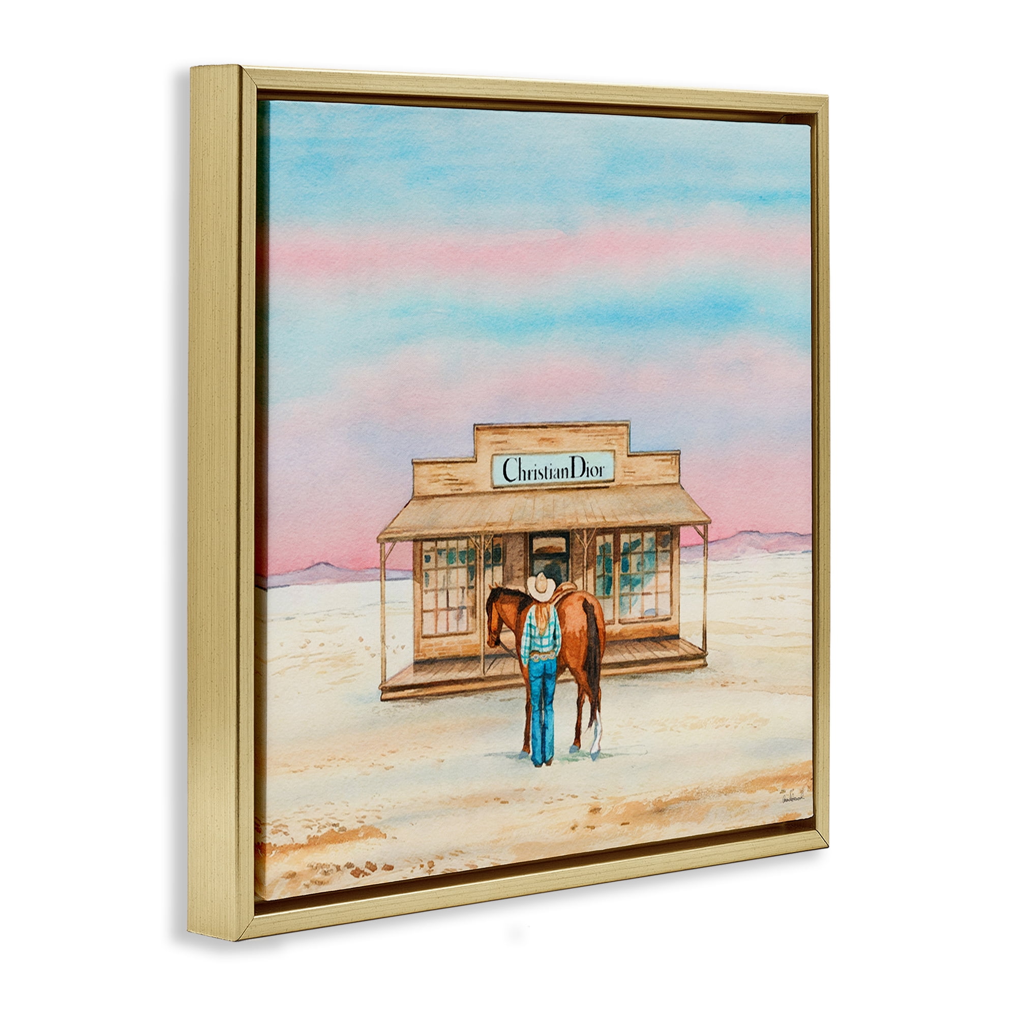 Stupell Industries Cowgirl & Horse Shopping Fashion Painting Gold Floater Framed Canvas Art Print Wall Art, 25 x 25