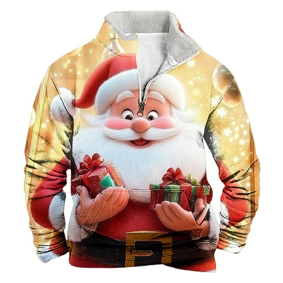 KeShDi Tshirts Shirts for Men's Winter Wtand Up Collar Zipper Christmas Print Pullover Long Sleeved Top Hooded Sweatshirt Orange 3X