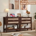 thumbnail image 4 of Leyaoyao Boho Accent Nightstand Set of 2 with Charging Station, 30" Tall Rattan 2-Drawer Bedside Table, Wood End Table for Bedroom, Walnut, 4 of 9