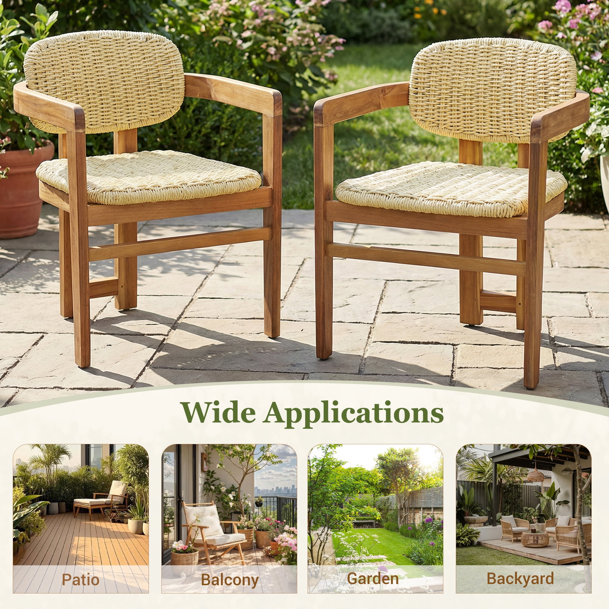 Woven Rattan Accent Chairs Set of 2, Outdoor Patio Seating Chairs, Teak Finish and Natural Rattan