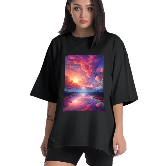 Plus Size Shirt for Women Black Tops for Women Short Sleeves Shirt for Women Beautiful Heavenly Sky T Shirt Crewneck Shirt for Women XS