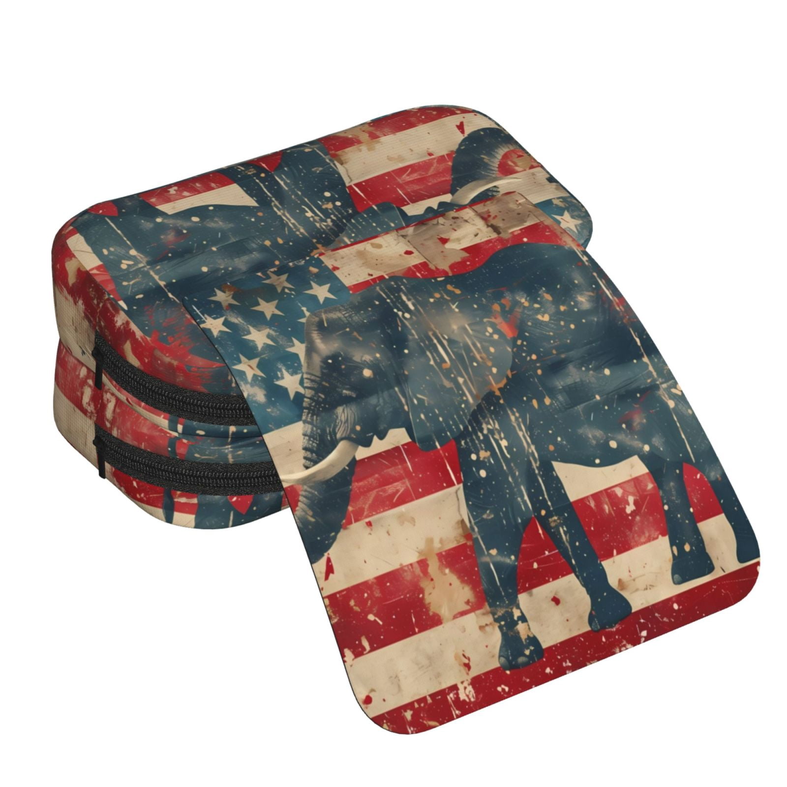 Rateoe Vintage American Flag Elephant Pattern Double Clamshell Pen Case, Storage Organizer with Two Zipper Compartments– Holds Up to 50 Pencils & Pens