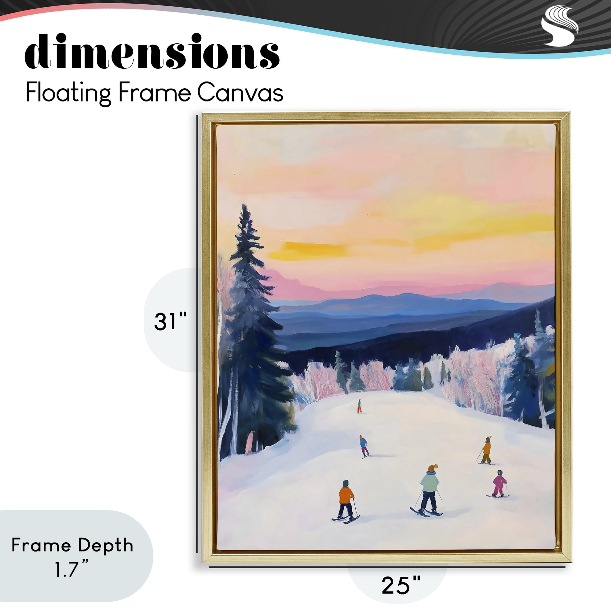 Stupell Industries Snowy Mountain Skiers at Sunset Gold Framed Floater Canvas Wall Art, design by The Prints Vibe