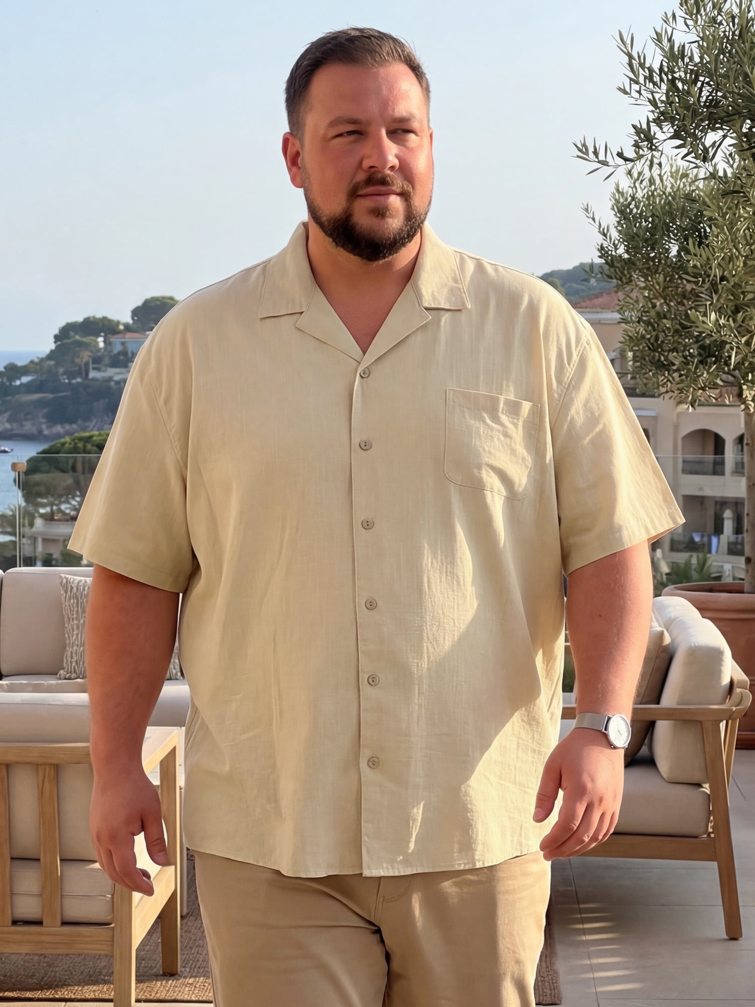 DARING DIVA Men's Big & Tall Summer Beach Camp Collar Short Sleeve Shirt 2XL Beige