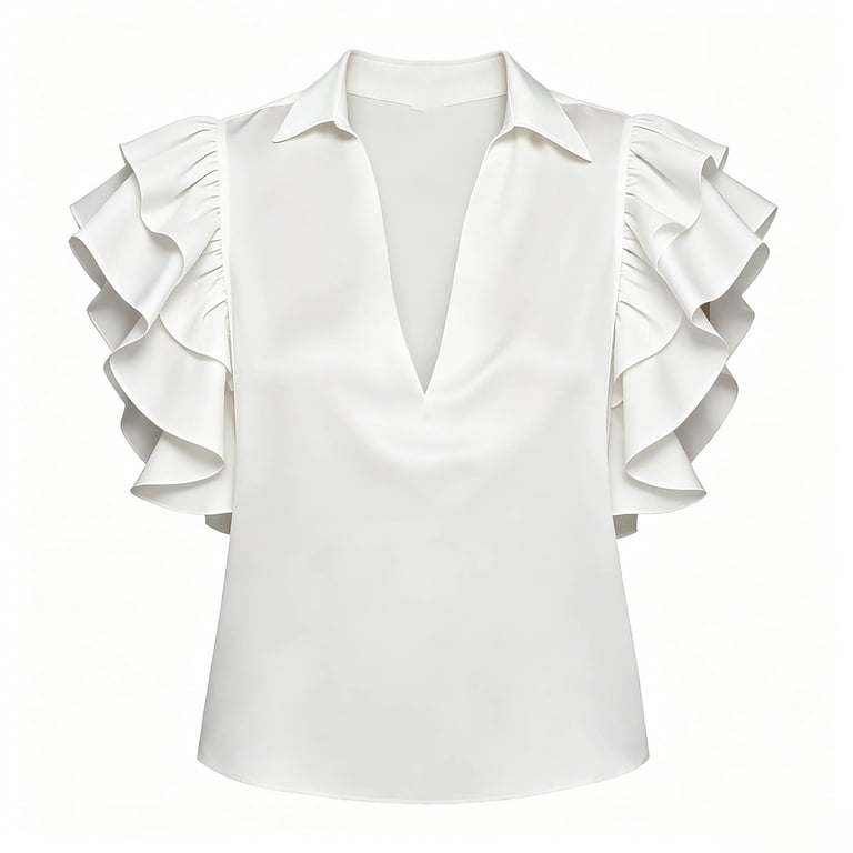 EazyTech 2026 New Ruffle Sleeve V-neck Shirt Women's Summer Short