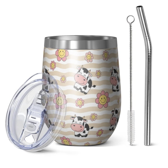12oz Stemless Wine Tumblers Beige Cow Flower Pattern Vacuum Insulated Stainless Steel Travel Tumbler Cups Mug with Lid and Straw for Champaign,Cocktail,Beer with Cleaning Brush