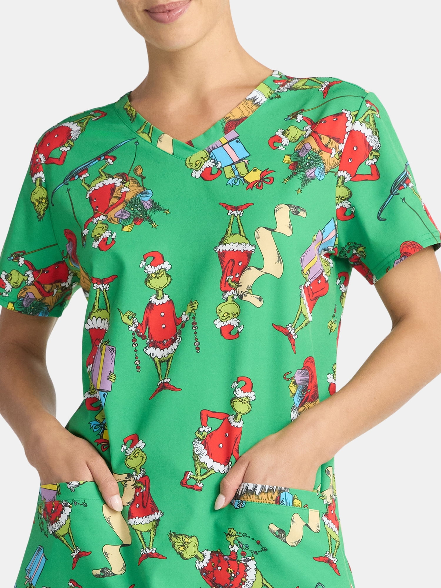 Dr. Seuss Women's Holiday Scrub Top with Short Sleeves, Sizes S-3XL