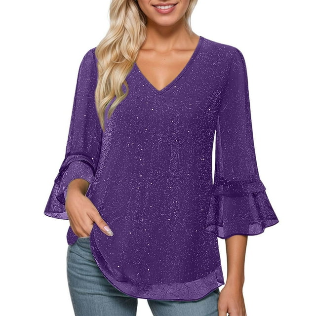 DHFJKG Shirts For Women 3/4 Sleeve Glitter Sequins V Neck Ruffle Loose Fit Soft Tee Carnival Stylish Tops