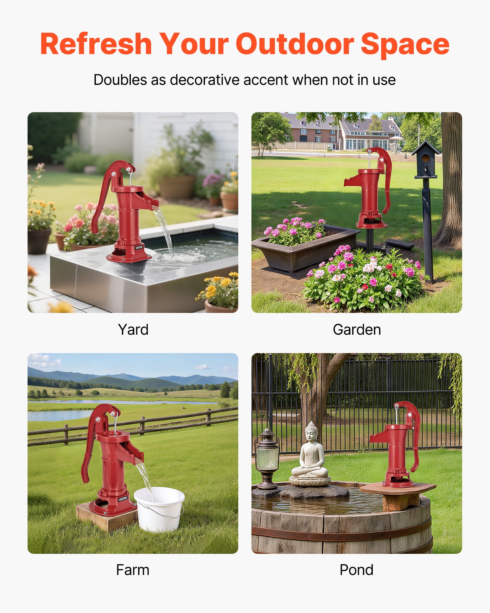 VEVOR Well Hand Pitcher Pump, 25 ft Maximum Lift, Antique Cast Iron Manual Hand Water Pump, NPT 1-1/4 in Connection, Easy Installation, Old Fashioned for Outdoor Garden, Pond, Backyard, Farm, Red