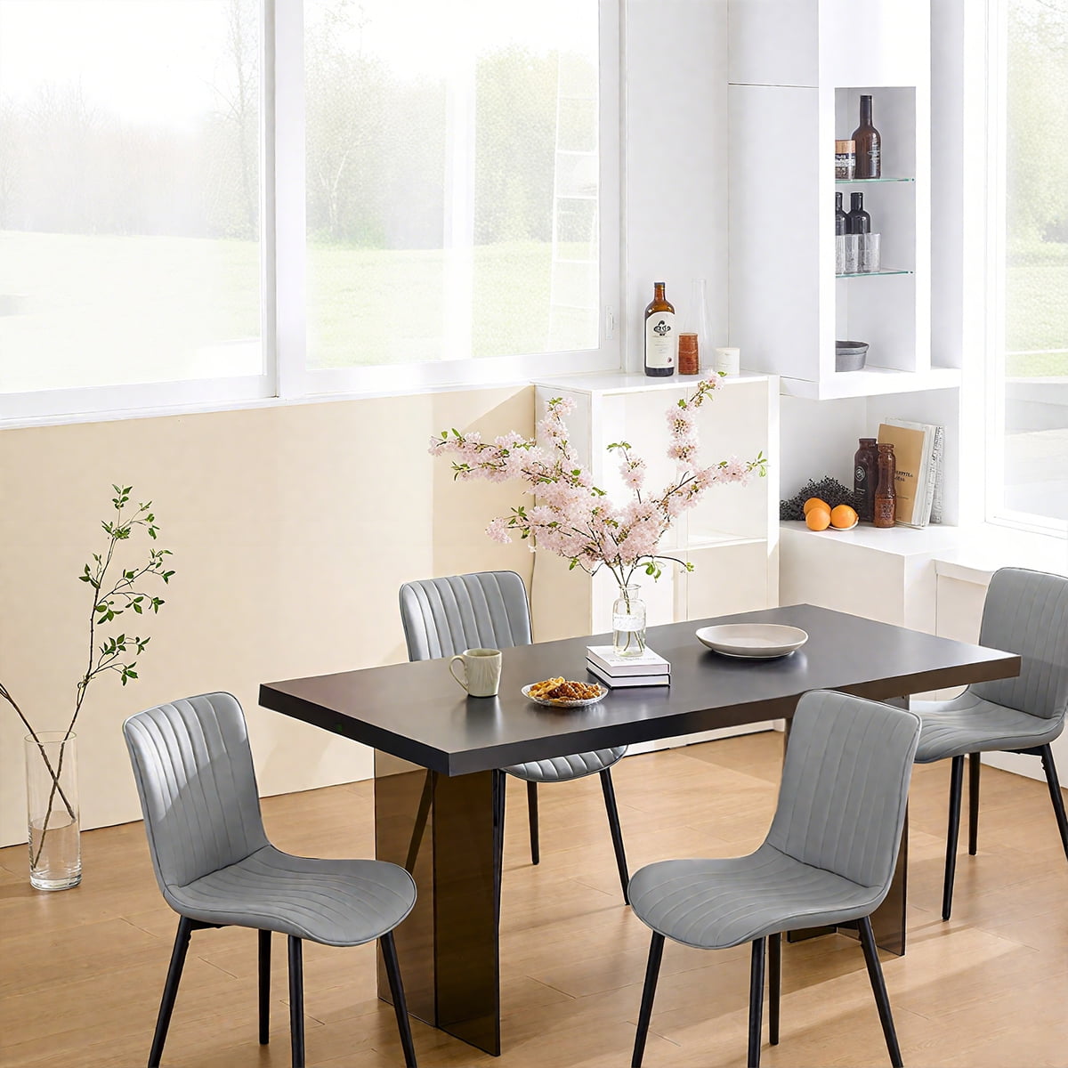 L'AGRATY Modern Dining Chairs Set of 4, High Back PU Leather Upholstered Kitchen Chairs with Cushion - Heavy Duty Metal Legs for Dining Room, Restaurant, Cafe (Grey)