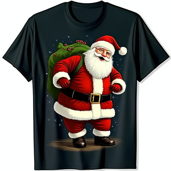 Santa Claus Christmas T-Shirt Black Tee with Santa Carrying & Snowflakes