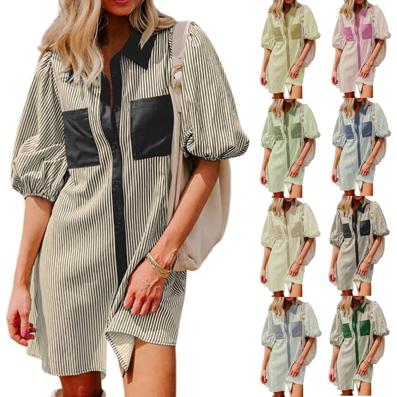 Lovzfmll Women's Mini Dress, Collared Short Sleeve with Stripe Pocket, Casual Shirt Dress Black, S