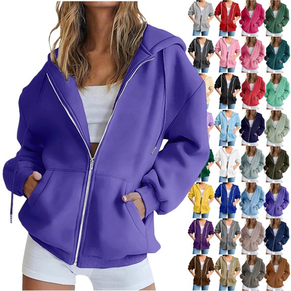 Vibrex Women's Zip Up Hoodies Women Winter Warm Casual Long Sleeve Hooded Solid Sweatshirt Coat Fall Fashion Outfits