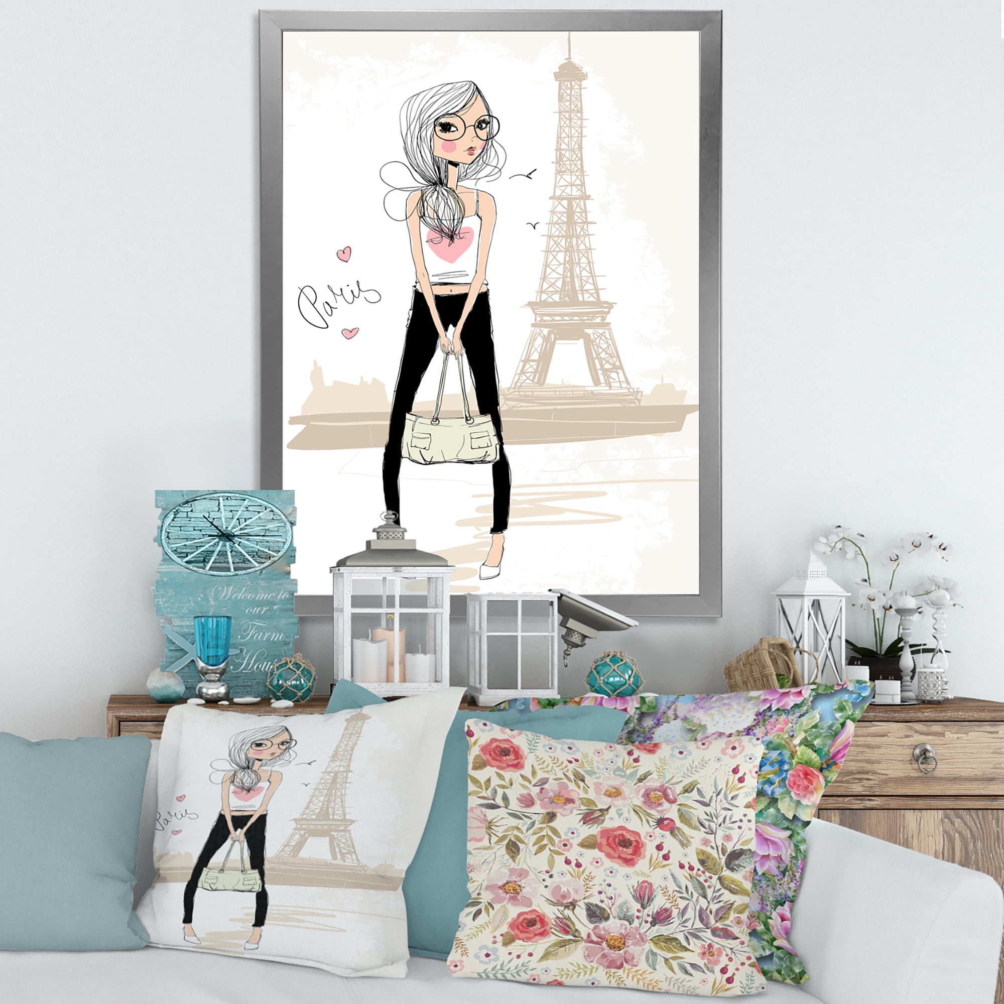 Designart 'Cute Girl By The Tour Paris Eiffel Tower' Children's Art Framed Art Print